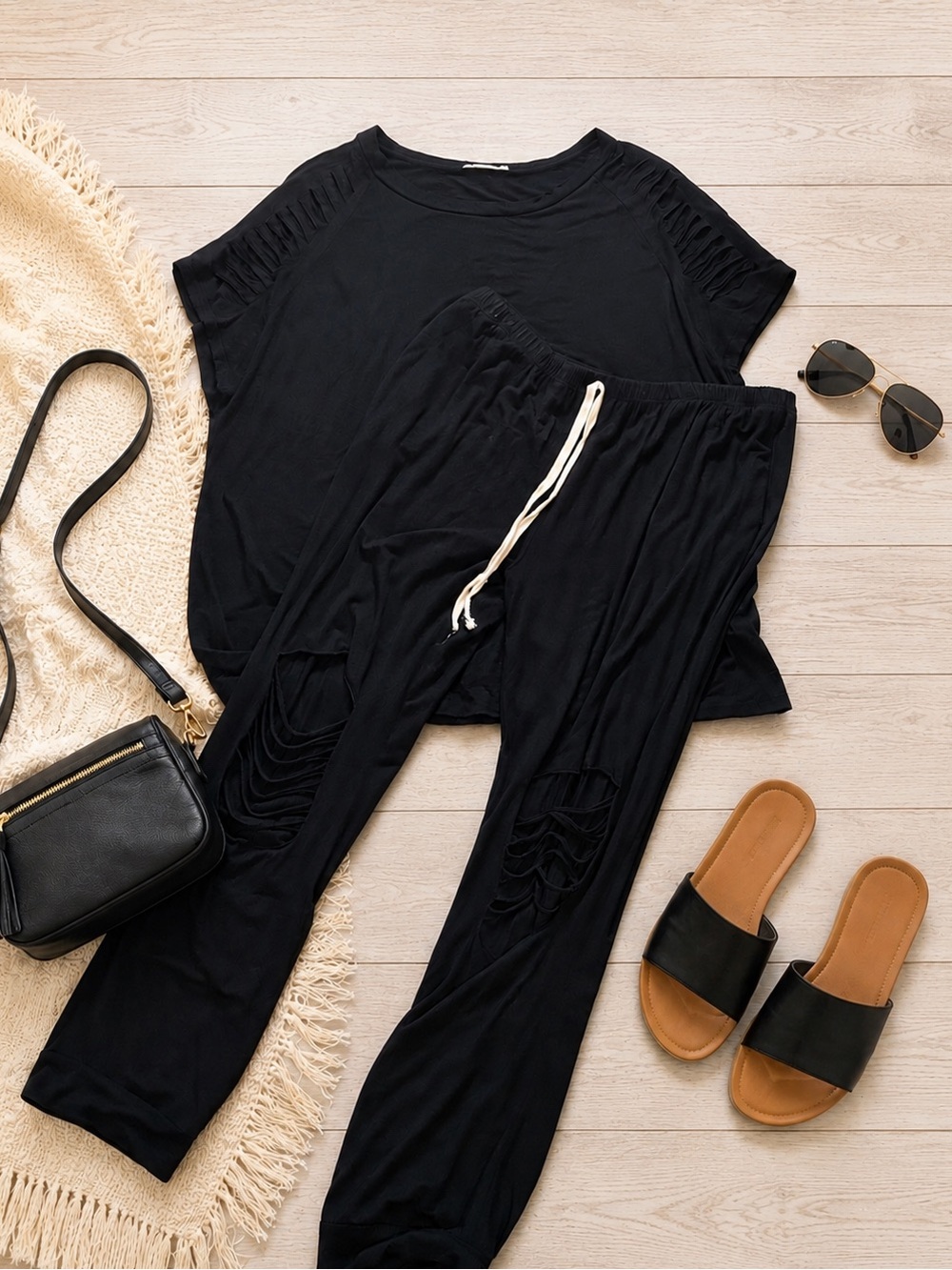 Blumin Apparel Black 2-Piece Lounge Set 2X | Distressed Cutout Joggers